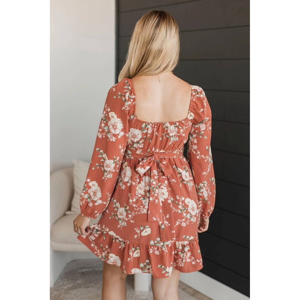 Blu Pepper Dress Terracotta Multi Floral Square Neck Tie Waist Ruffle Mini Large - Picture 2 of 8